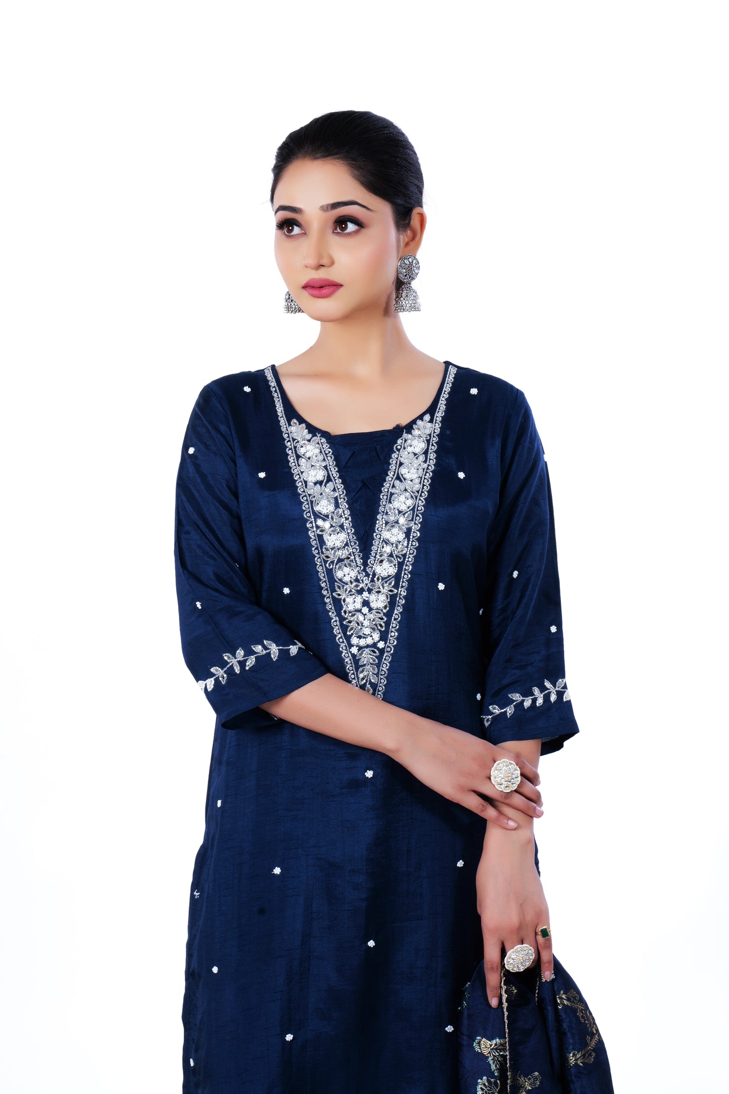 Straight Kurta Set with Banarasi Dupatta is made from luxurious Dola Silk and Mirror & Cut Dana Embroidery in Blue Colour