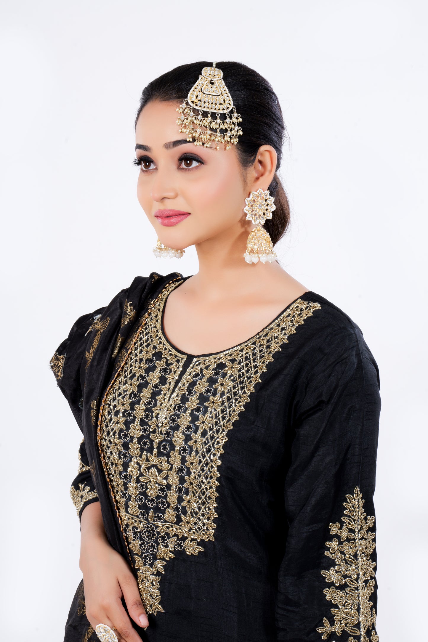 Straight Kurta Set with Banarasi Dupatta made from Dola Silk and hand-embroidery in Black colour