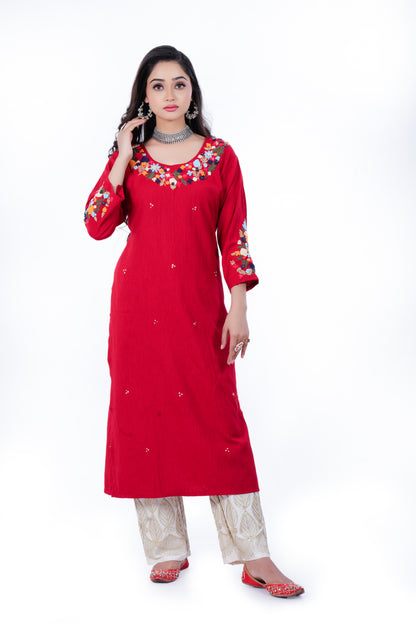 Straight Kurta made from Soft Muslin and Hand Embroidery in Red Colour