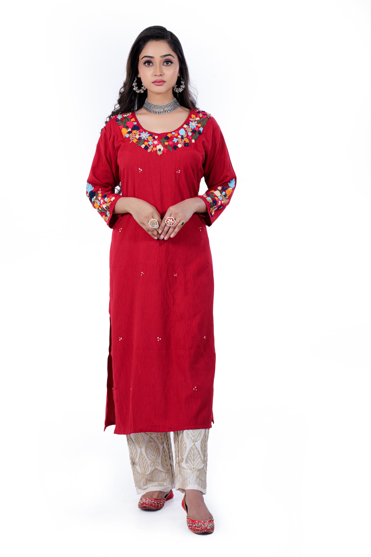 Straight Kurta made from Soft Muslin and Hand Embroidery in Red Colour