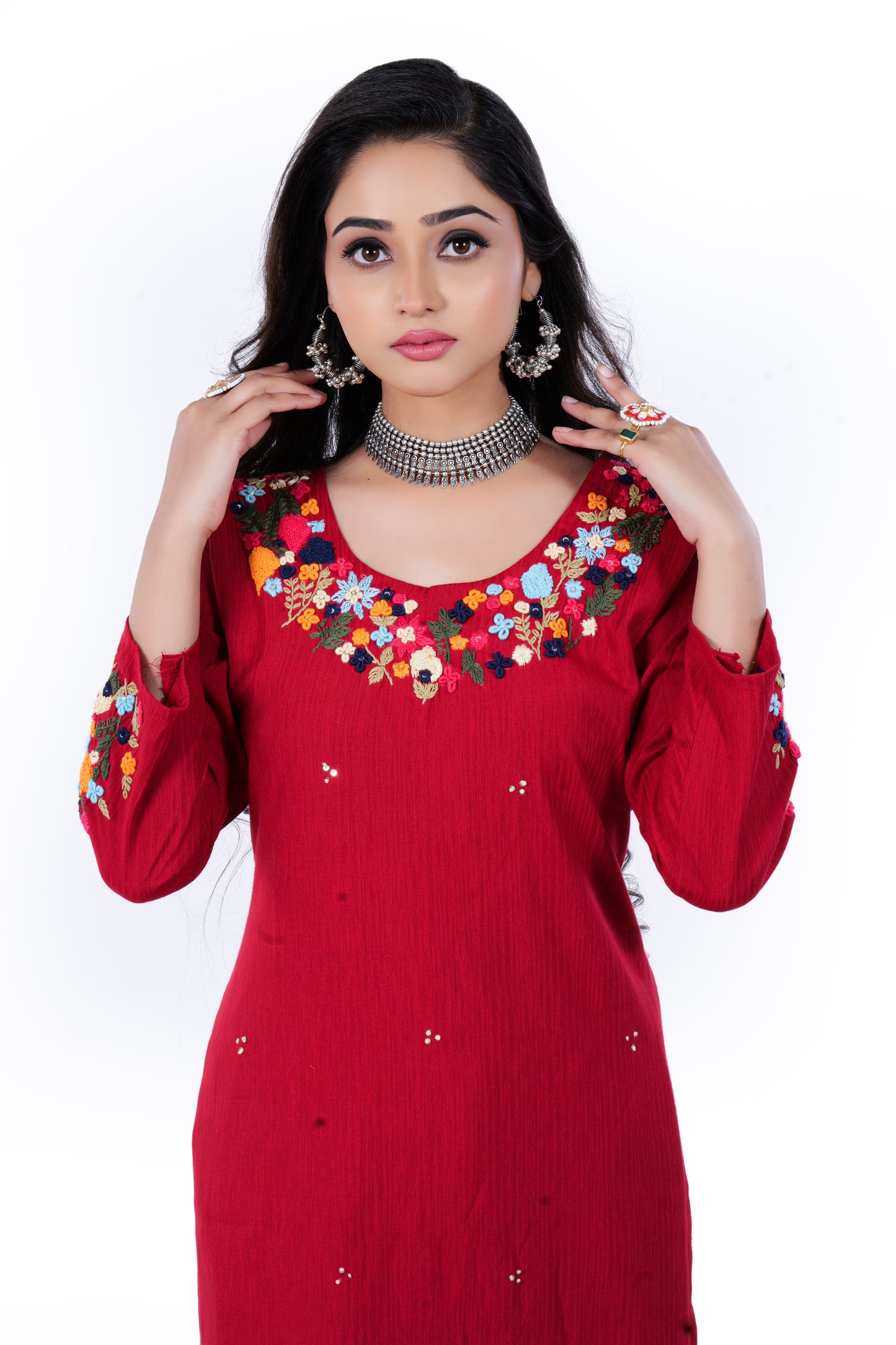 Straight Kurta made from Soft Muslin and Hand Embroidery in Red Colour