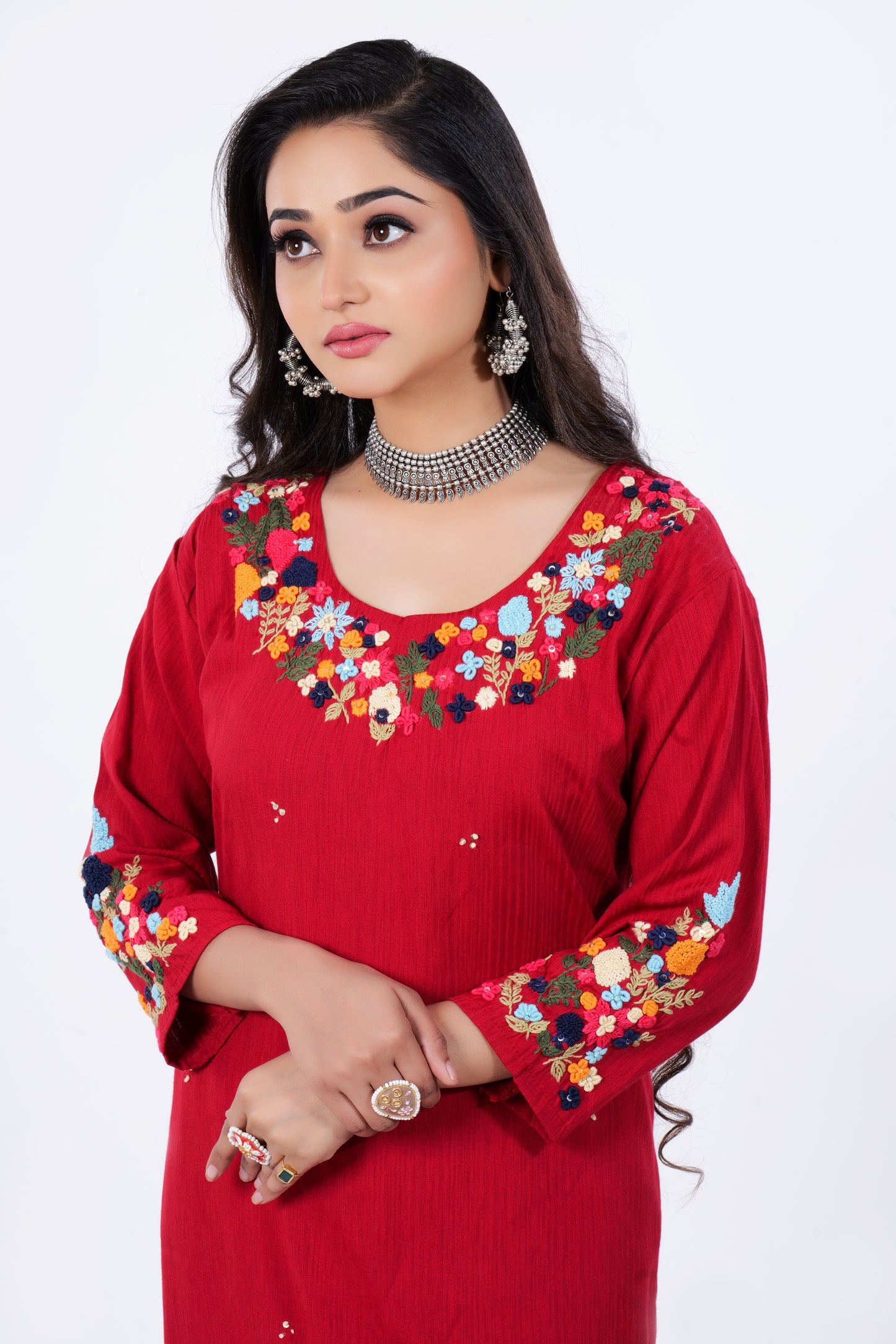 Straight Kurta made from Soft Muslin and Hand Embroidery in Red Colour