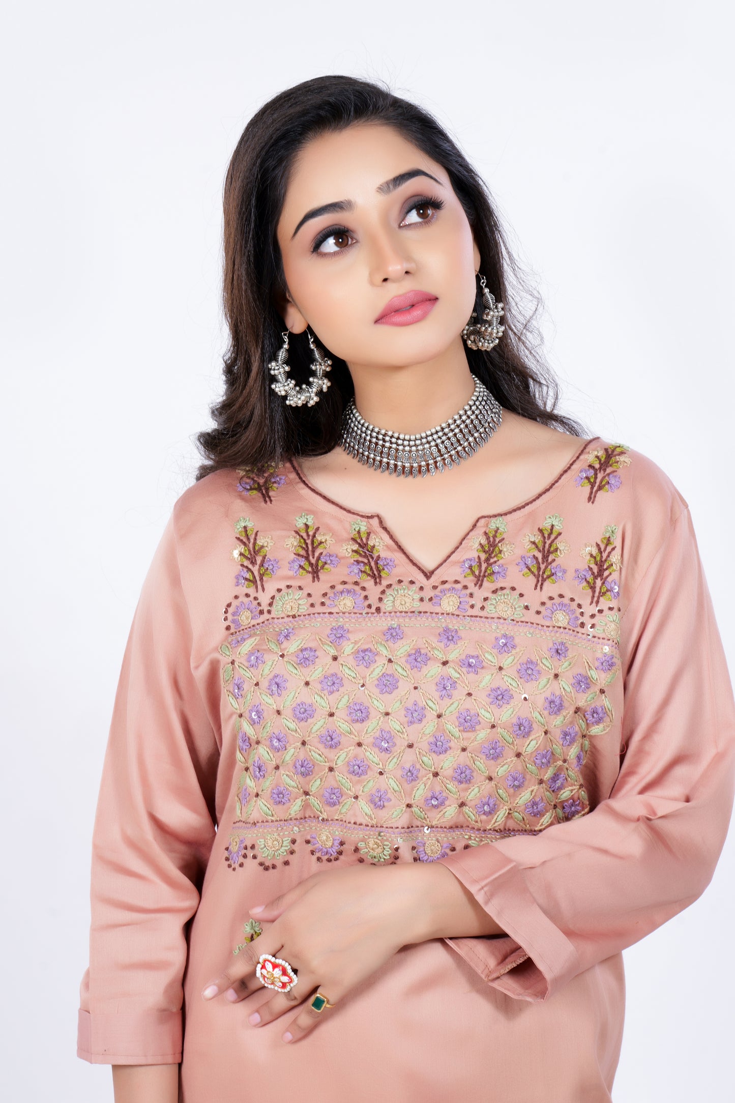 Straight Kurta made from Pure Cotton and Hand-Embroidery in Peach Colour