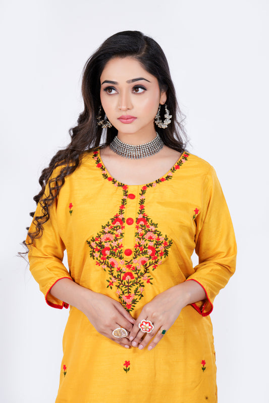 Straight Kurta is made from Soft Dola Silk and Hand Embroidery in Yellow Colour