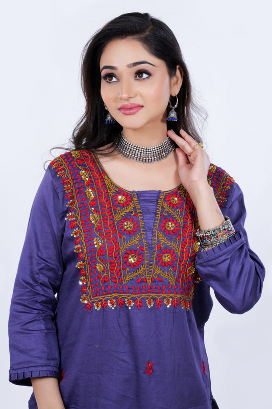  Straight Kurta made from Pure Cotton and Thread Embroidery in Purple Colour