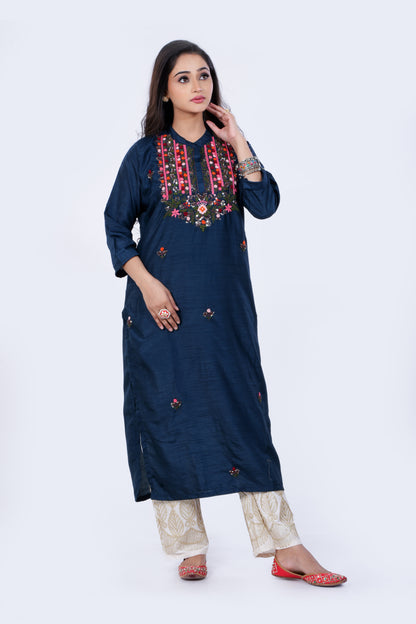 Straight Kurta made from Soft Dola Silk and Hand-Embroidery in Blue Colour