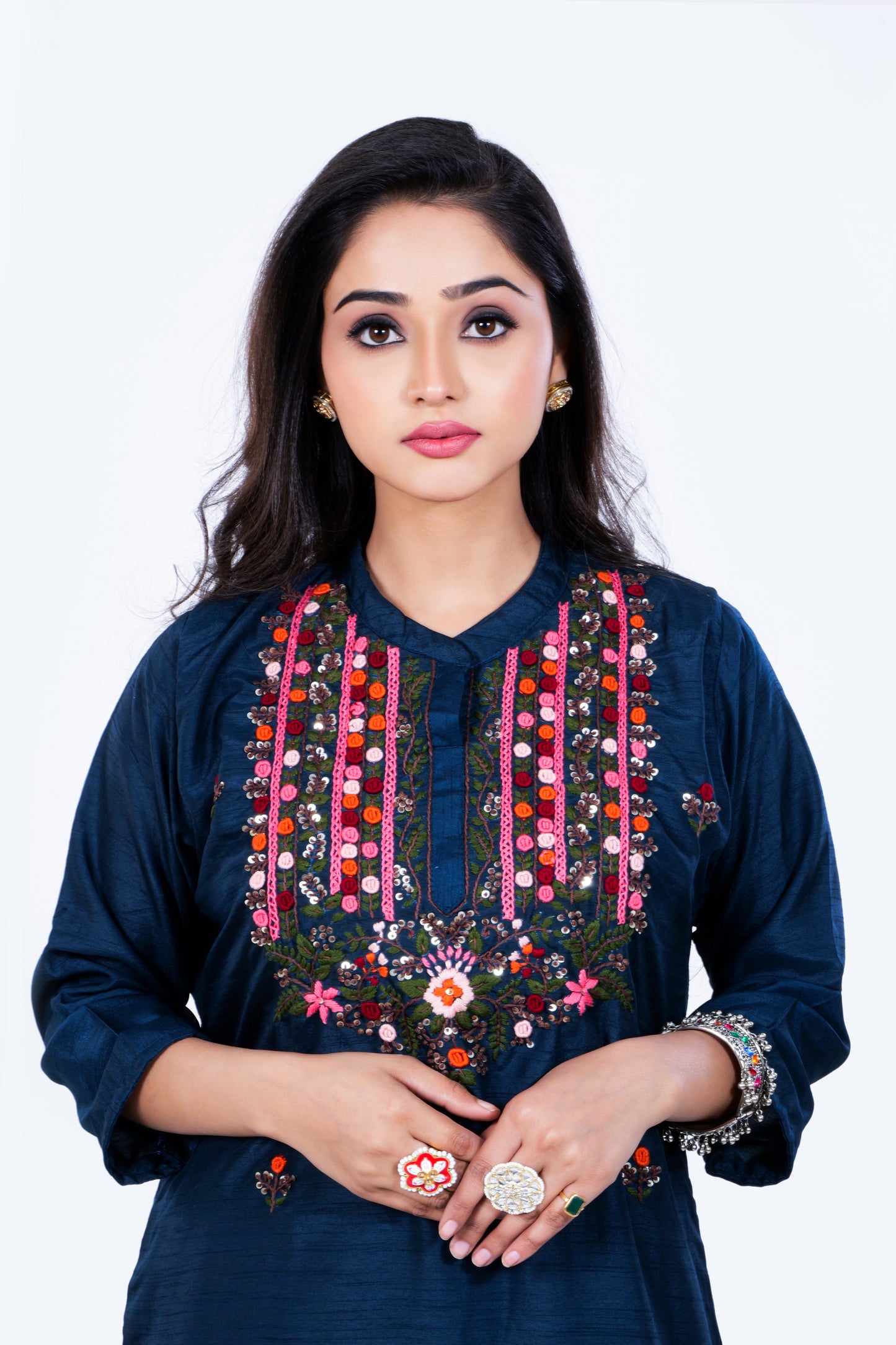 Straight Kurta made from Soft Dola Silk  and Hand-Embroidery in Blue Colour