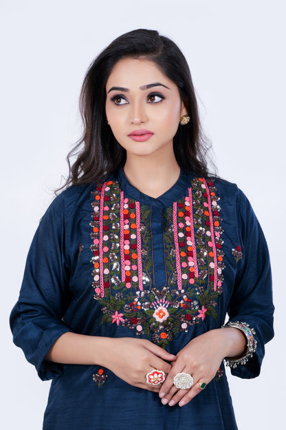 Straight Kurta made from Soft Dola Silk and Hand-Embroidery in Blue Colour