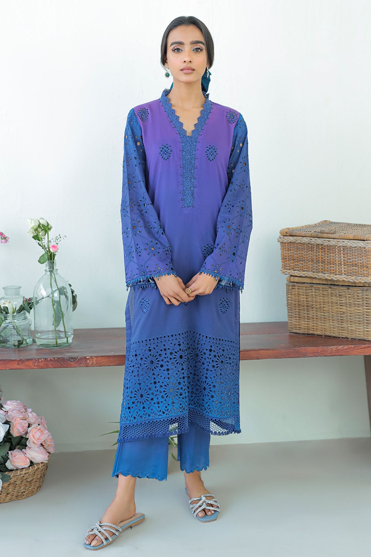 Pakisatani Suit Set made from lawn cotton in ombre blue colour