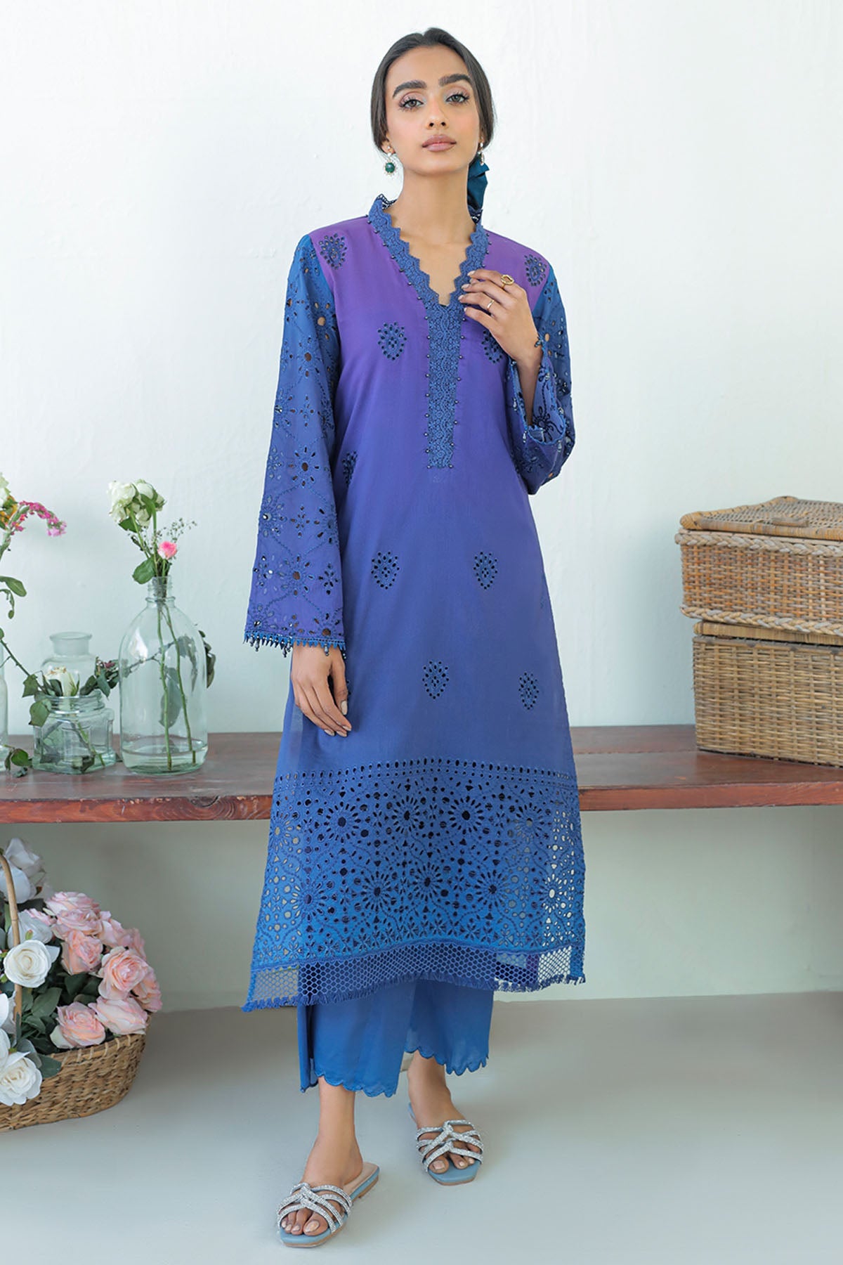 Pakisatani Suit Set made from lawn cotton in ombre blue colour