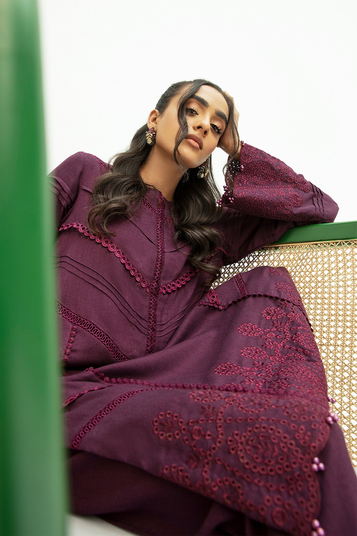 Pakistani Suit set made from leather peach fabric and lace detailing