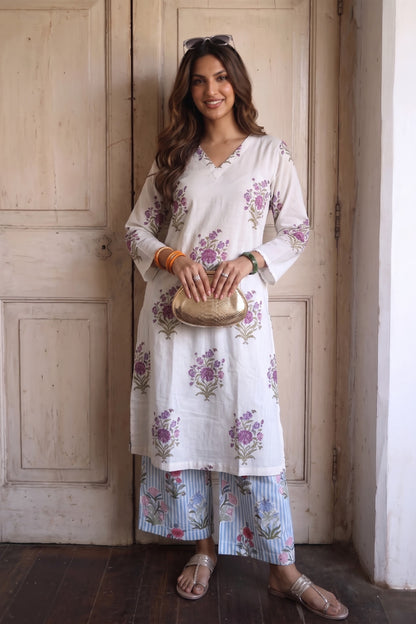 White Hand Block Printed Cotton Kurta with Floral Stripe Palazzo