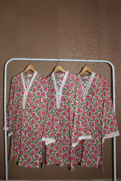 Tulip Cotton Block Printed Straight Kurta Farshi Salwar Set-White & Pink