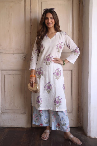 White Hand Block Printed Cotton Kurta with Floral Stripe Palazzo