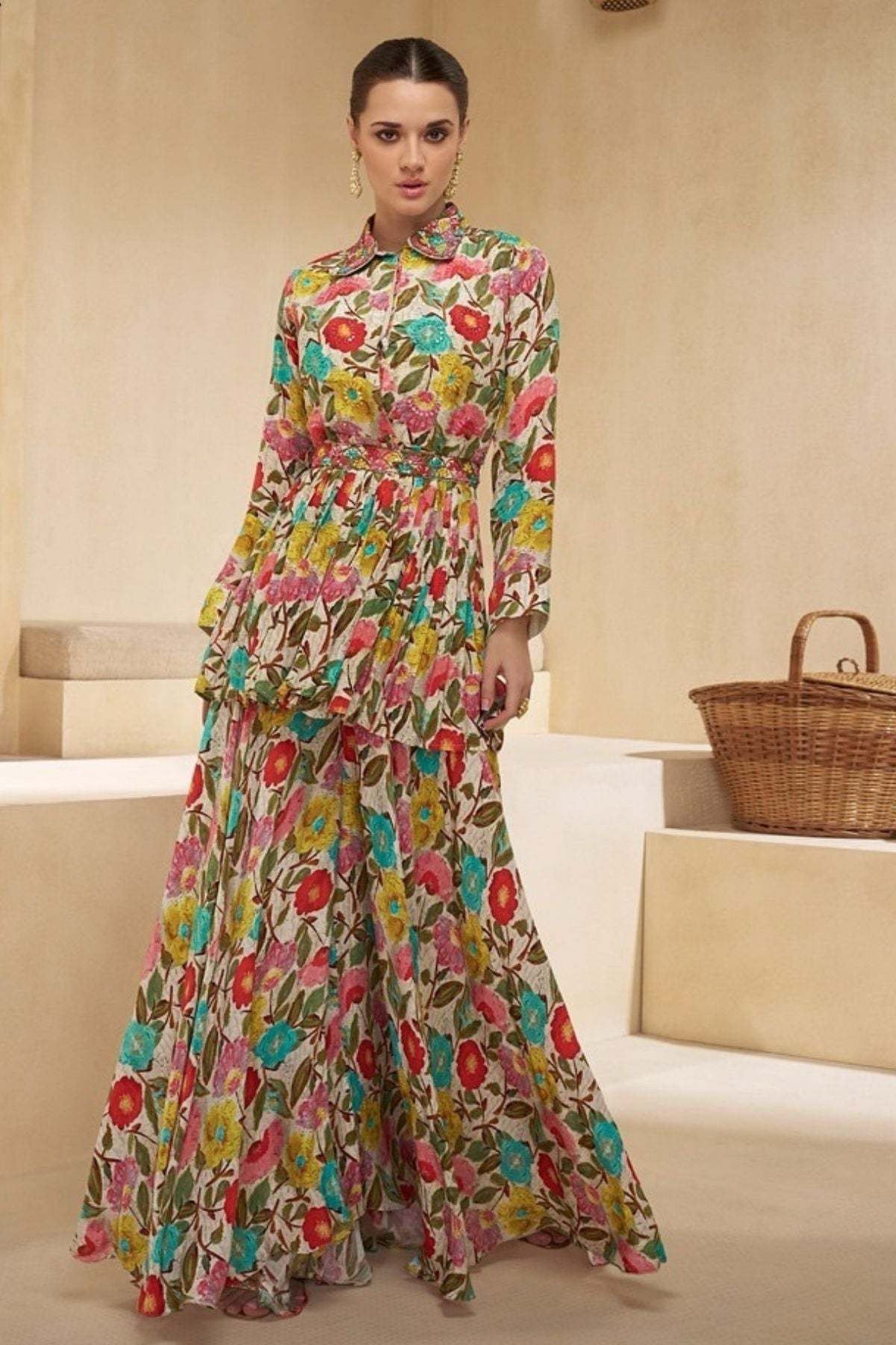 Embroidered Floral Short Kurta Sharara Set