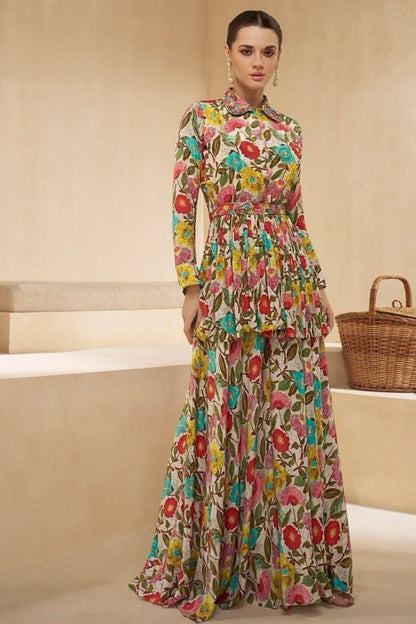 Embroidered Floral Short Kurta Sharara Set