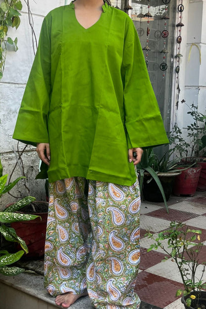 Cotton Solid Straight Kurta with Block Printed Salwar Set-Customisable