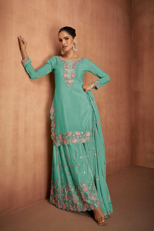 Chinon Silk Embroidered Blue Kurta Set With Sharara