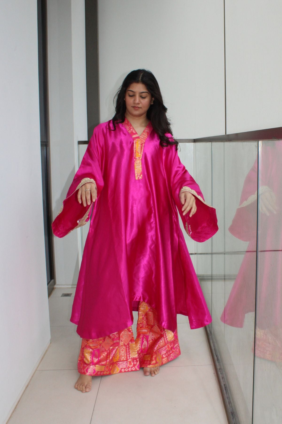 Pure Satin Pakistani Kurta With Banarasi Flared Palazzo