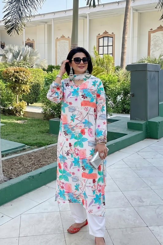 White Georgette Printed Straight Kurta Set With Chiffon Dupatta