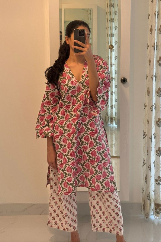 Tulip Cotton Block Printed Straight Kurta Palazzo Pant Set-Pink and White
