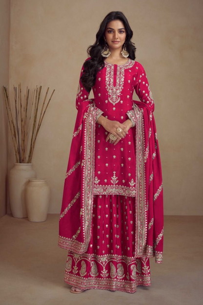 Chinon Pink Short Kurta Gharara Set