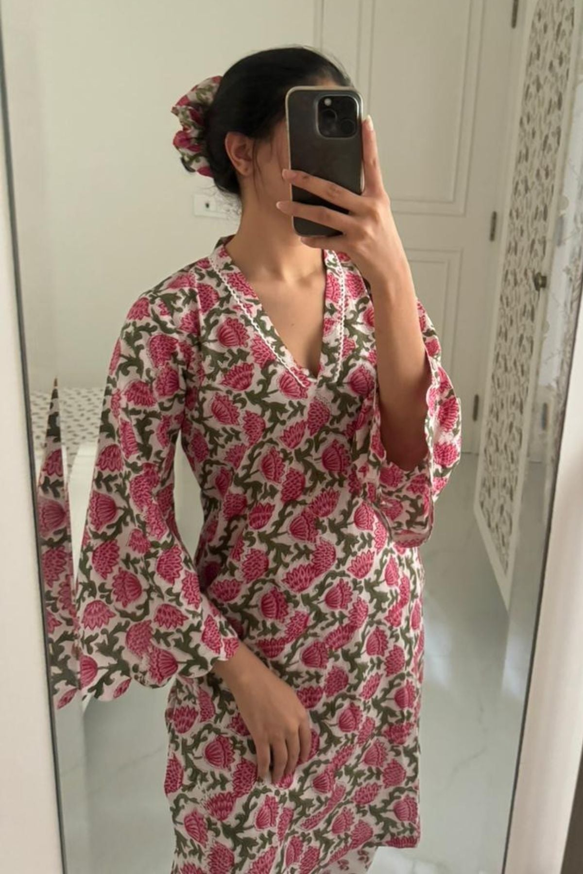 Tulip Cotton Block Printed Straight Kurta Palazzo Pant Set-Pink and White