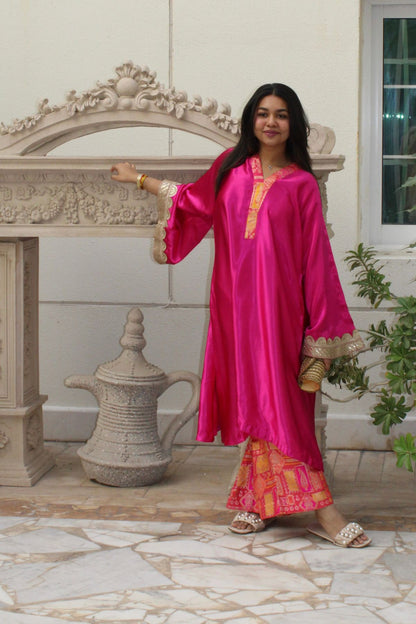 Pure Satin Pakistani Kurta With Banarasi Flared Palazzo