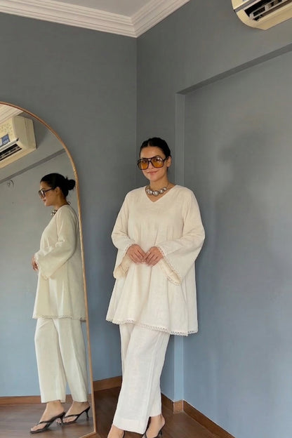 Solid Flex Cotton Short Anarkali Flared Pants Co-ord Set - White