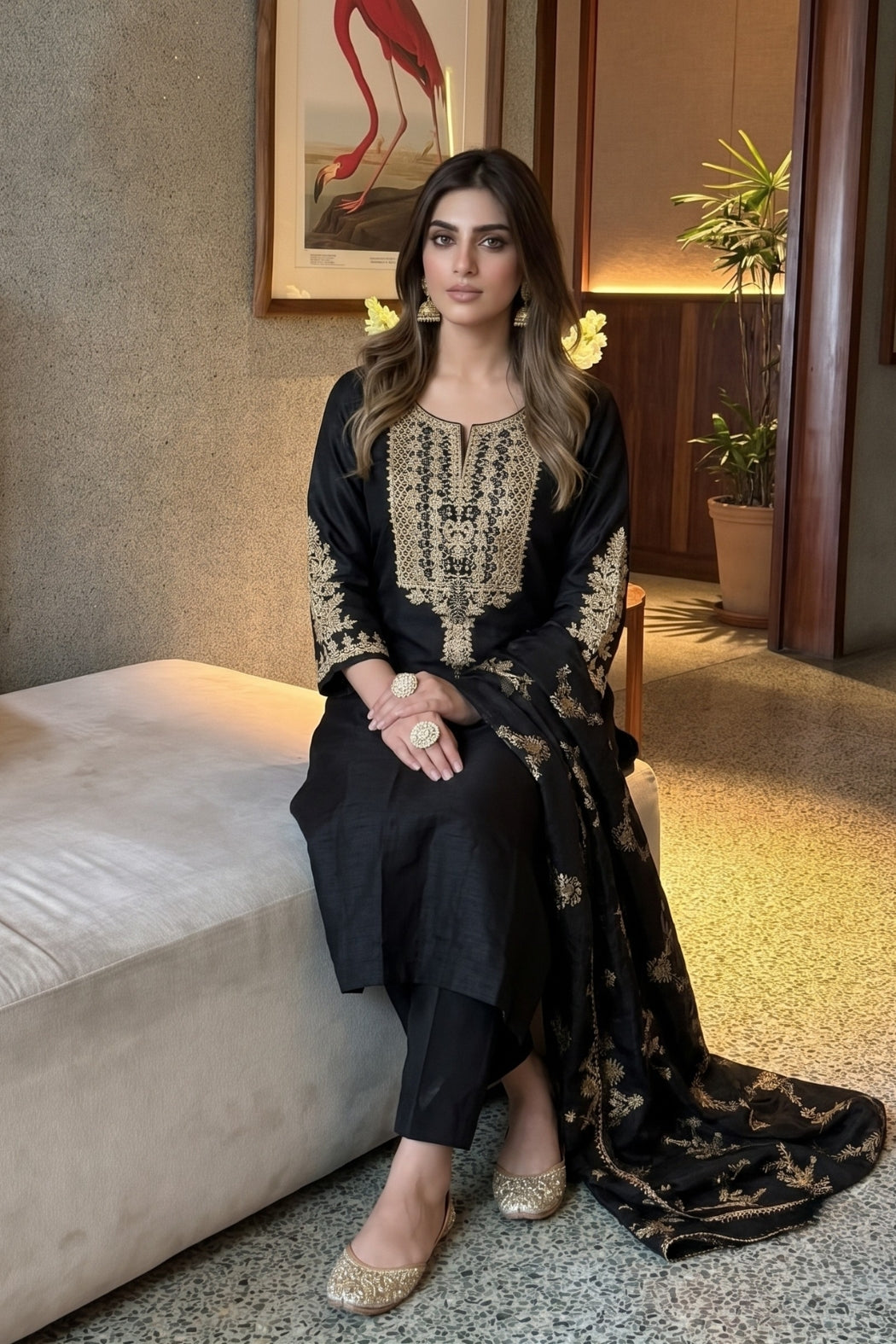 Black Silk Zardozi Straight Kurta Set With Banarasi Dupatta