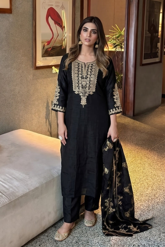 Black Silk Zardozi Straight Kurta Set With Banarasi Dupatta