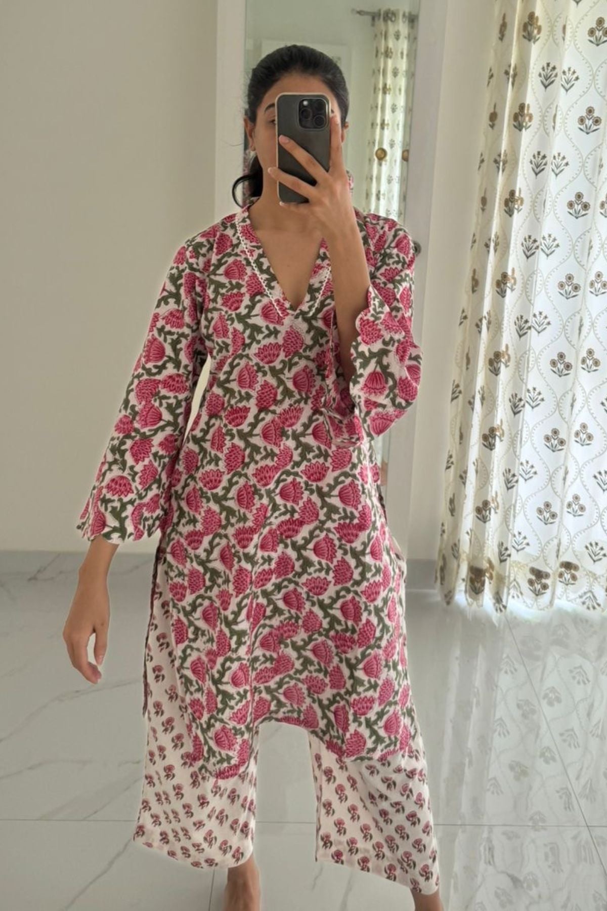 Tulip Cotton Block Printed Straight Kurta Palazzo Pant Set-Pink and White