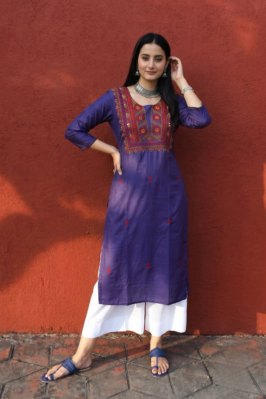 Purple Cotton Satin Hand Embroidered Straight Kurta