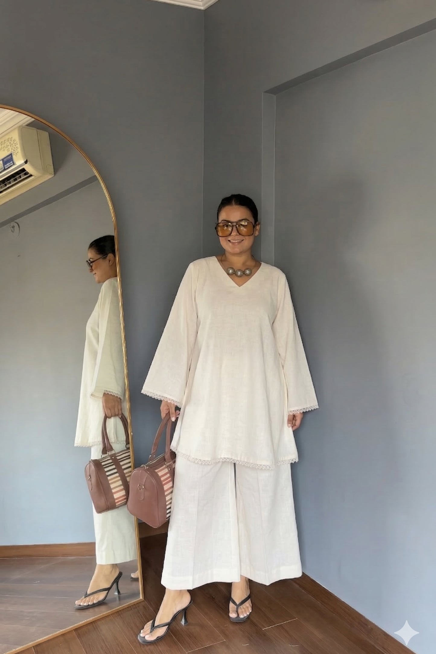 Solid Flex Cotton Short Anarkali Flared Pants Co-ord Set - White