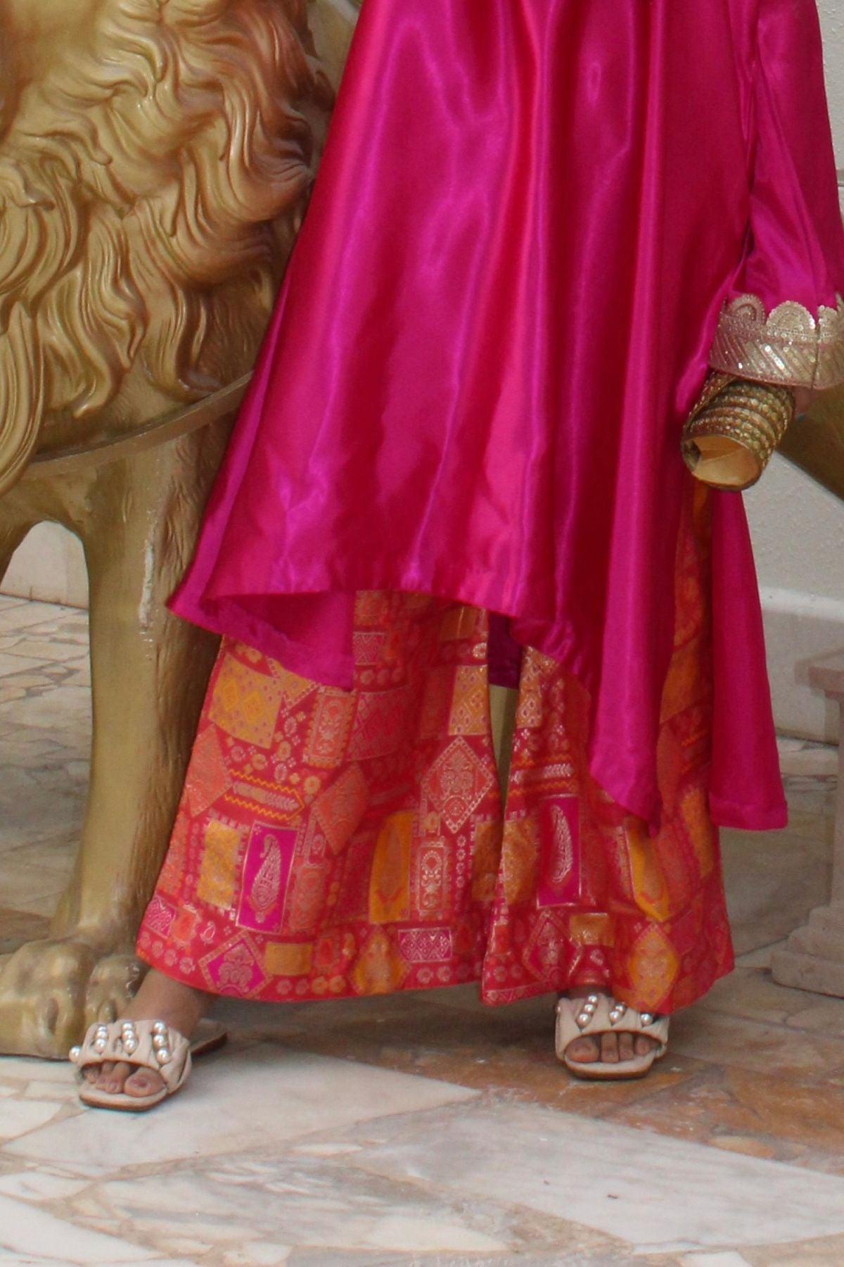 Pure Satin Pakistani Kurta With Banarasi Flared Palazzo