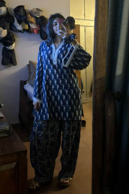 Cotton Block Printed Straight Kurta Farshi Salwar Set-Indigo
