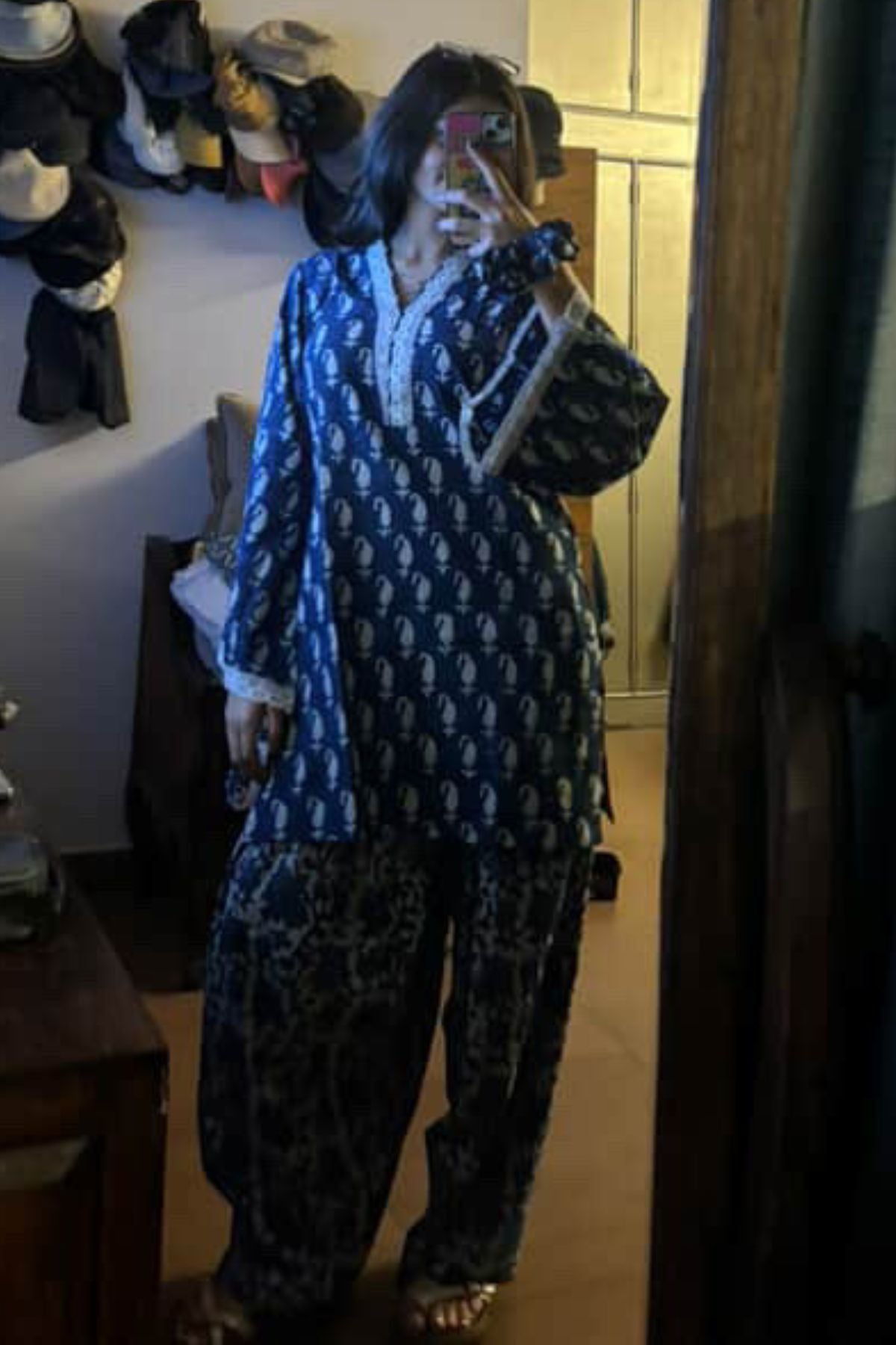 Cotton Block Printed Straight Kurta Farshi Salwar Set-Indigo