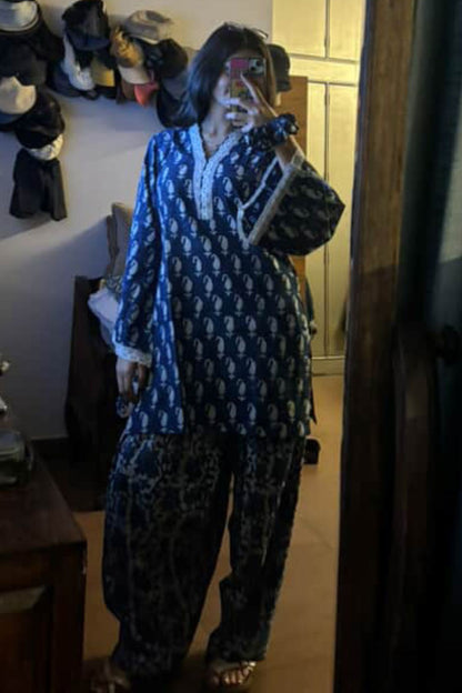 Cotton Block Printed Straight Kurta Farshi Salwar Set-Indigo