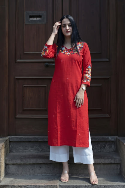 Red Cotton Hand Embroidered Straight Kurta