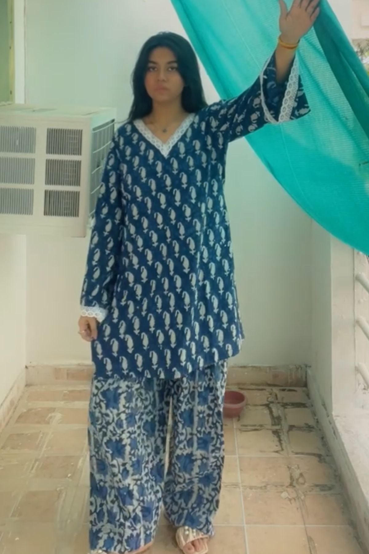 Cotton Block Printed Straight Kurta Farshi Salwar Set-Indigo