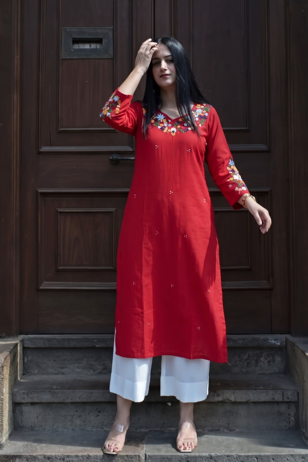 Red Cotton Hand Embroidered Straight Kurta
