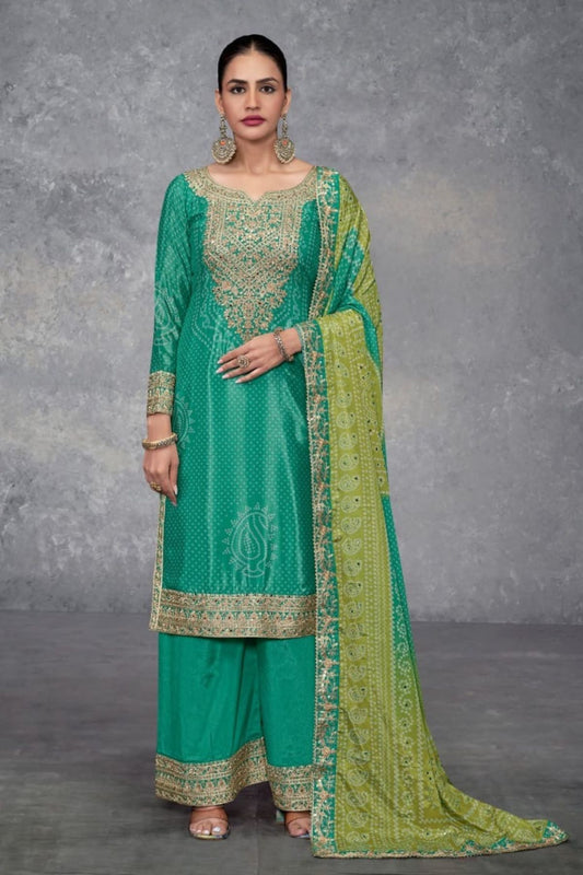 Chinon Bandhani Green Kurta Set With Dupatta