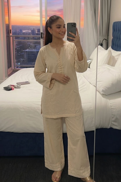Solid Pure Cotton Short  Kurta With Straight Palazzo Pants Co-ord Set - Beige