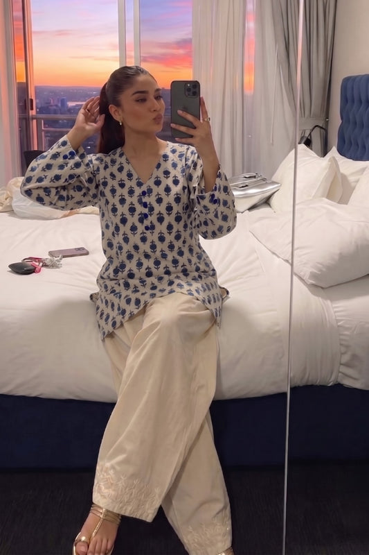 Cotton Block Printed Straight Kurta Farshi Salwar Set-Indigo & White