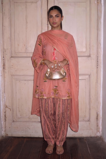 Peach Pink Cotton Mughal Printed A-Line Short Kurta With Salwar
