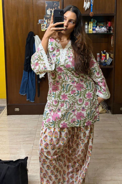 Cotton Block Printed Straight Kurta Farshi Salwar Set-White