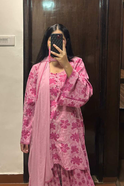 Cotton Block Printed Straight Kurta Farshi Salwar Set-Pink