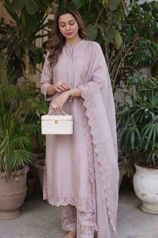 Light Brown Silk Straight Kurta Set With Organza Dupatta