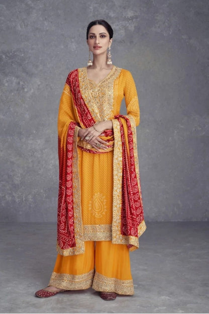 Chinon Bandhani Yellow Kurta Set With Dupatta