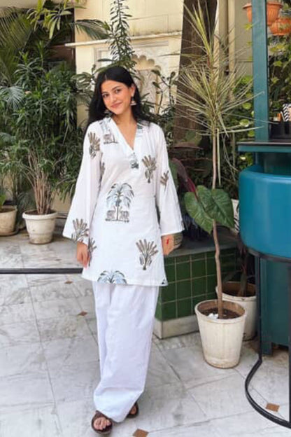 Cotton Palm Tree Block Printed Straight Kurta Farshi Salwar Set-White